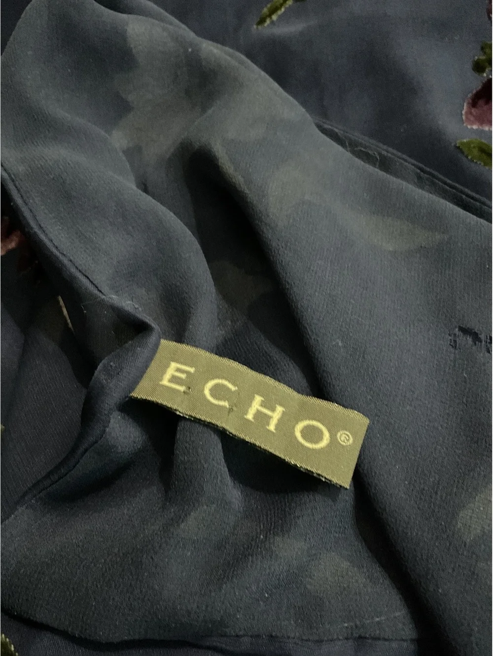Echo Navy Blue Floral Velvet Applique Silk Scarf